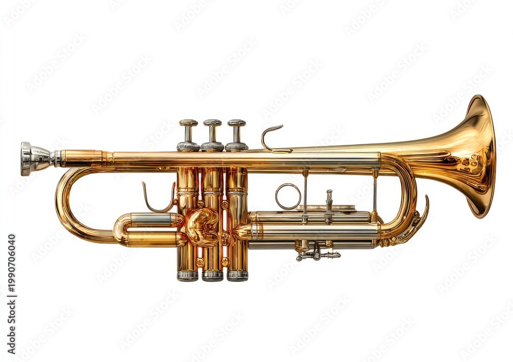 Obraz premium Gleaming brass trumpet with three valves and bell on a white background