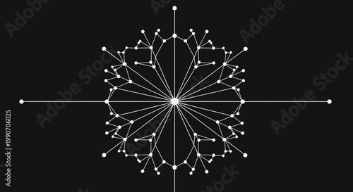Abstract Radial Network Connection with Glowing Points on Solid Black Background.