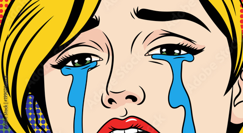 Pop Art Woman Crying with Tears and Open Mouth, Feeling Sad and Distressed.