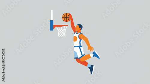 A basketball player in mid-air dunking a ball into a hoop with a solid gray background