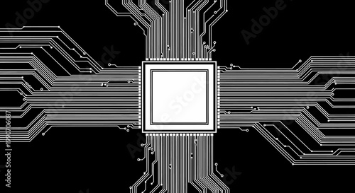 White Microchip Processor with Detailed Electronic Circuit Lines on Dark Background