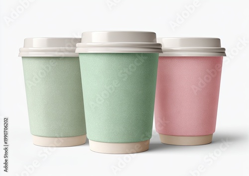 Trio of colorful paper cups with lids, soft pastel shades, clean background