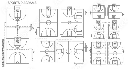 Grid of Basketball Court Diagrams Layouts for Sports and Game Strategy
