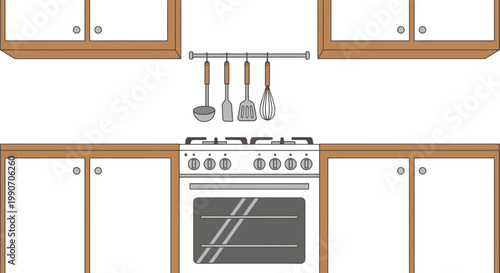 Flat Illustration of Modern Kitchen Interior with Cabinets, Stove, and Utensils