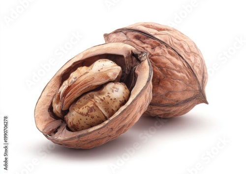 Cracked walnut shell reveals organic, textured kernel against white background