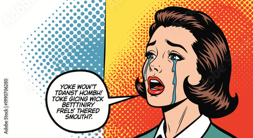 Pop Art Crying Woman with Speech Bubble Showing Distress and Emotion