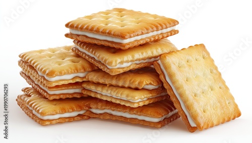 Golden square sandwich cookies stacked with creamy white filling