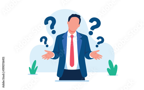 Elegant man in a suit displaying uncertainty with multiple floating question marks and an ambiguous situation