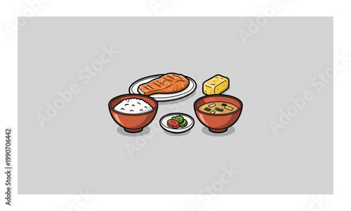 Japanese Breakfast Illustration with Salmon Rice and Miso Soup