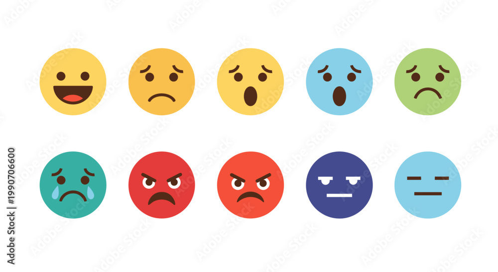 Fototapeta premium Set of Colorful Emotion Icons Vector Illustration Featuring Various Facial Expressions for User Interface and Digital Communication Design Elements