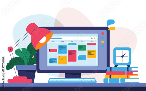Engaging flat illustration of an organized desk with a computer calendar and essential study items