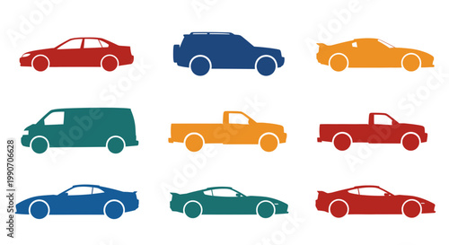 Set of Colorful Car Silhouettes Vector Illustration, Flat Design Icons of Various Vehicles Including Sedans, Vans, and Pickup Trucks for Automotive Transport Concepts