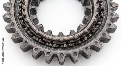 Intricate metal gear assembly with layered teeth and rusted details