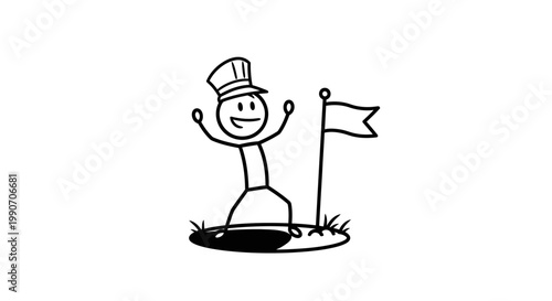 Determined Stick Figure in Top Hat Reaching a Goal and Planting a Flag in a Hole on Isolated White Background