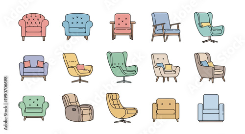 Collection of various colorful armchairs.
