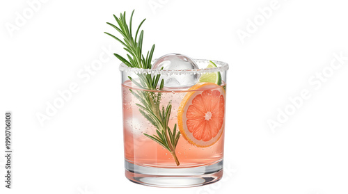 Paloma cocktail in glass isolated PNG on transparent background, refreshing grapefruit drink with rosemary garnish for summer
