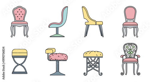 Collection of various colorful chairs.