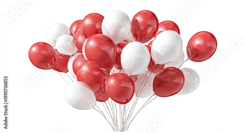 A vibrant cluster of red and white balloons floats upward against a white backdrop