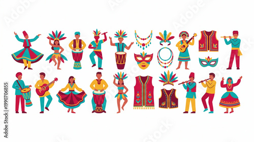 Set of Brazilian carnival street performers dancers and musicians