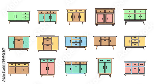 Collection of colorful furniture sideboards.