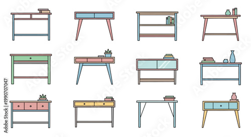 Collection of colorful furniture pieces.