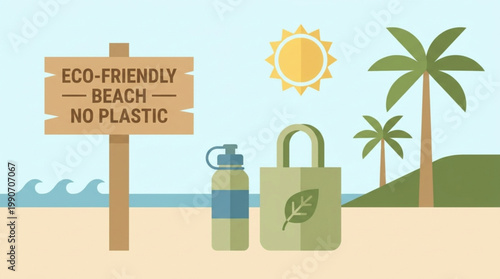 Eco-friendly beach illustration with reusable water bottle and bag on sandy shore with palm trees