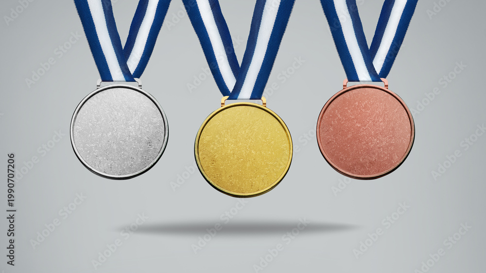 Naklejka premium Collection of real gold medals isolated on free png background with a lot of text area - winner copy space concept