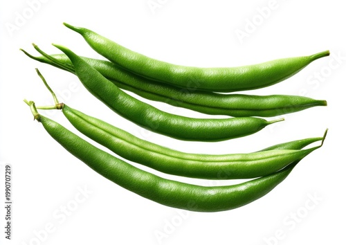 Fresh green bean pods artfully arranged on a pure white background
