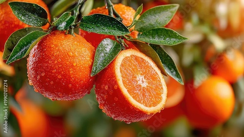 Close-up of ripe oranges with water droplets on a tree branch.