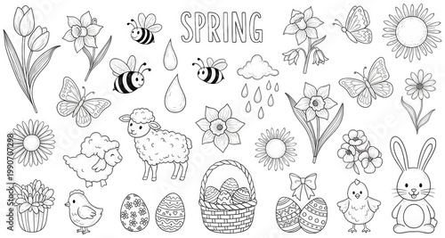 Cute spring png Line easter cutout Black flower png White animal cutout Simple garden png Outline nature cutout Hand-drawn clipart png Floral doodle cutout isolated transparent background image