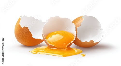 Cracked chicken egg spilling bright yolk onto white surface; shell fragments