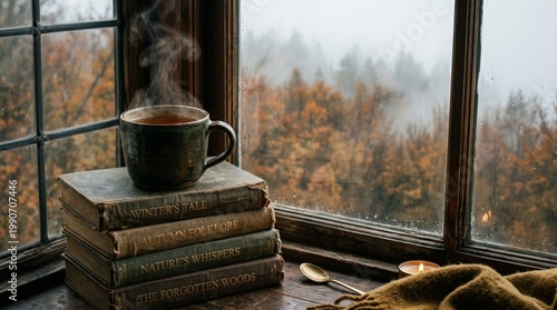 Steaming Cup of Tea on Stack of Vintage Books by a Rainy Window