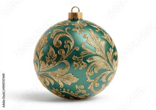 Ornate teal sphere with intricate gold filigree, suspended from a golden loop