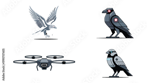 Robotic Creatures and Drone: A collection of illustrations showcasing an eagle, two robotic ravens, and a drone, reflecting the themes of technology and the animal kingdom.