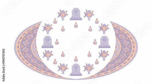 Funeral Memorial Frame Illustration with Tombstones and Flowers