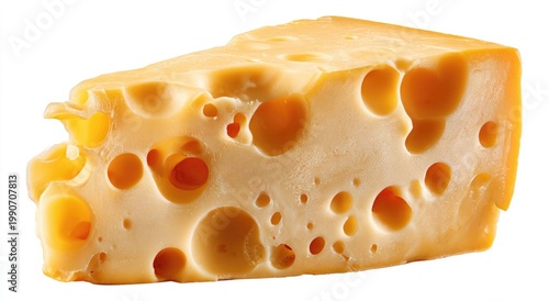 A delicious wedge of Swiss cheese with prominent, irregular holes