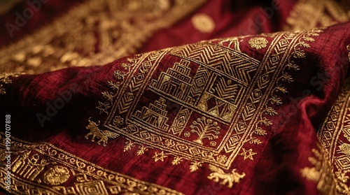 Close-up of Red Silk Fabric with Ornate Gold Embroidery
Luxury Crimson Textile with Traditional Golden Thread Patterns