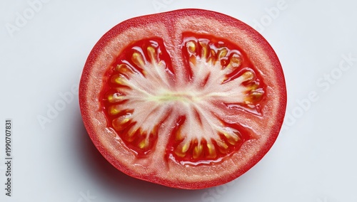 Close-up, top-down view of a ripe red tomato, sliced in half, revealing juicy interior