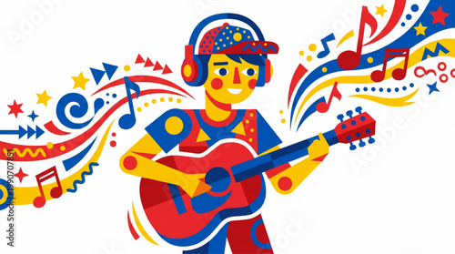 Colorful illustration of a musician playing acoustic guitar with musical notes
