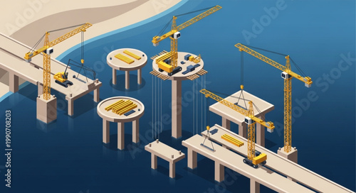 Construction Site with Cranes and Foundations.