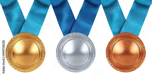 Three medals, gold, silver, and bronze, hang from blue ribbons, isolated on white