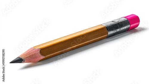 Sharp graphite pencil with pink eraser and metallic band, isolated on white