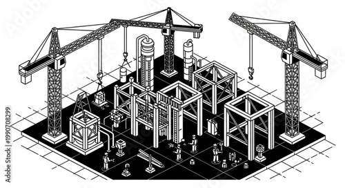 Construction site with cranes building steel framework.