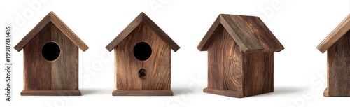 Four wooden birdhouses of varying angles and positions, against a bright white background