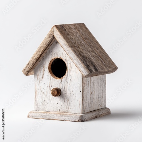 Small wooden birdhouse, weathered appearance, white body, brown roof and perch, on white