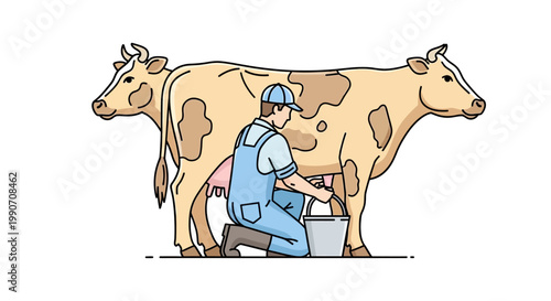 Man milking a brown cow.
