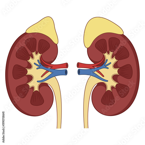 Human Adrenal Glands on Kidneys Anatomy Vector Illustration Isolated