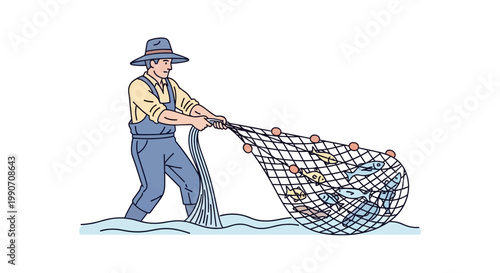 Fisherman pulling a full net of fish from the water.