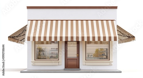 Small storefront with striped awning, display windows, and a central wooden door