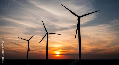 Silhouette of Wind Turbines at Sunset for Renewable Green Energy Concept